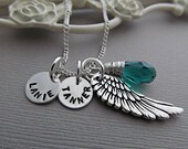 Personalized Necklace, Baby Name Angel Wing Necklace, Custom Birthstone, Birthdate, Hand Stamped Jewelry