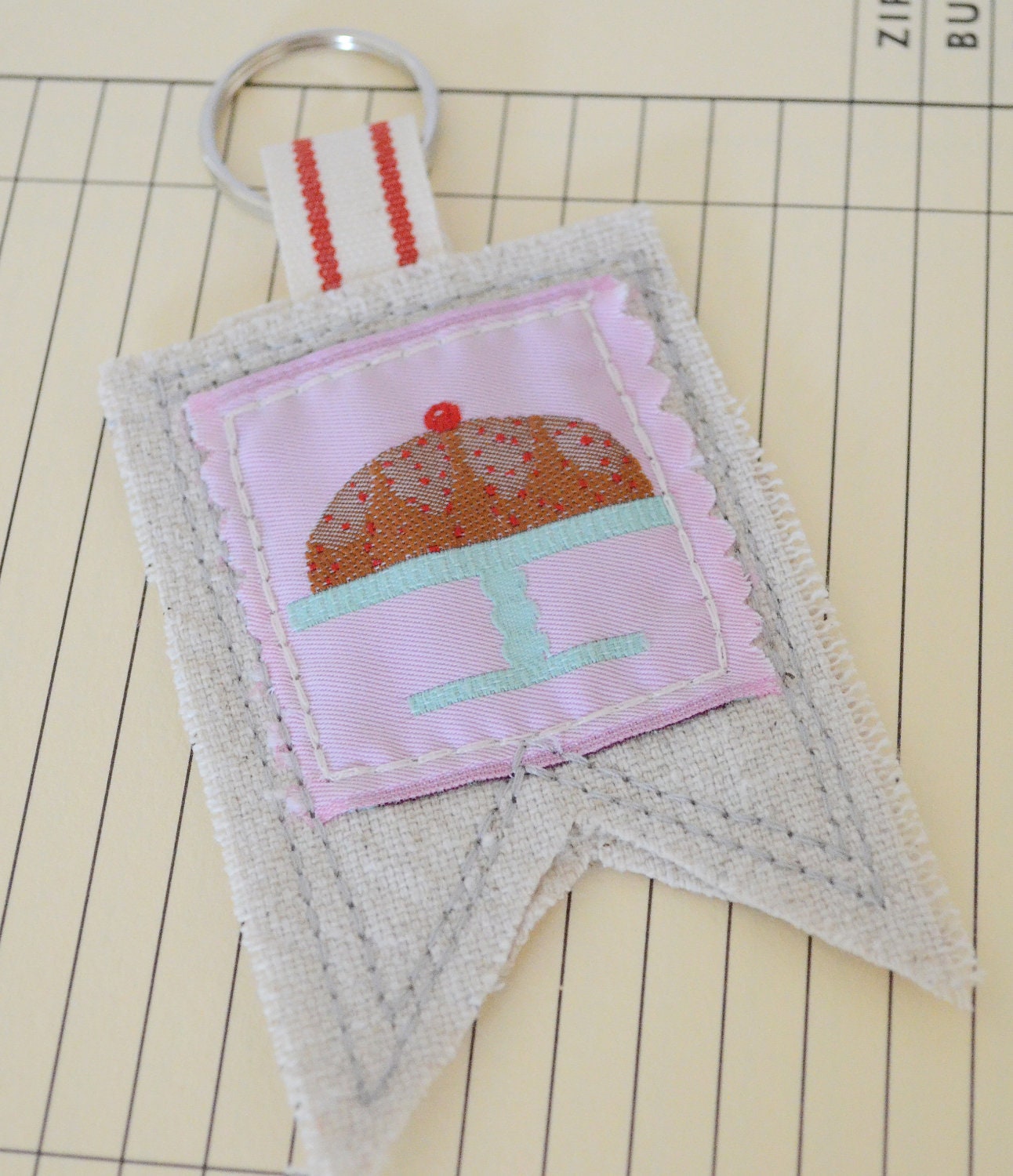 Key Chain made from drop cloth canvas and embellished with ribbon.