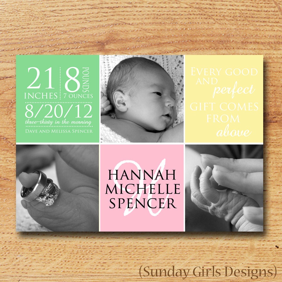 Birth Announcement-Printable Custom Card-Newborn Baby-Baby Girl Blocks