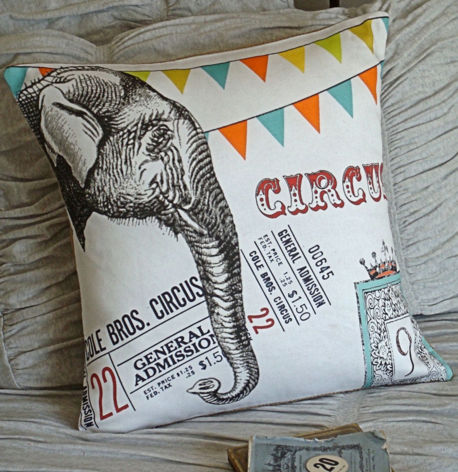 Cotton and Burlap Pillow Cover...Vintage Circus Elephant