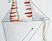 Noodle, Cat in Chinese food container, kitchen art, simple, whimsical, humorous, leftovers, watercolor, food, pen and ink