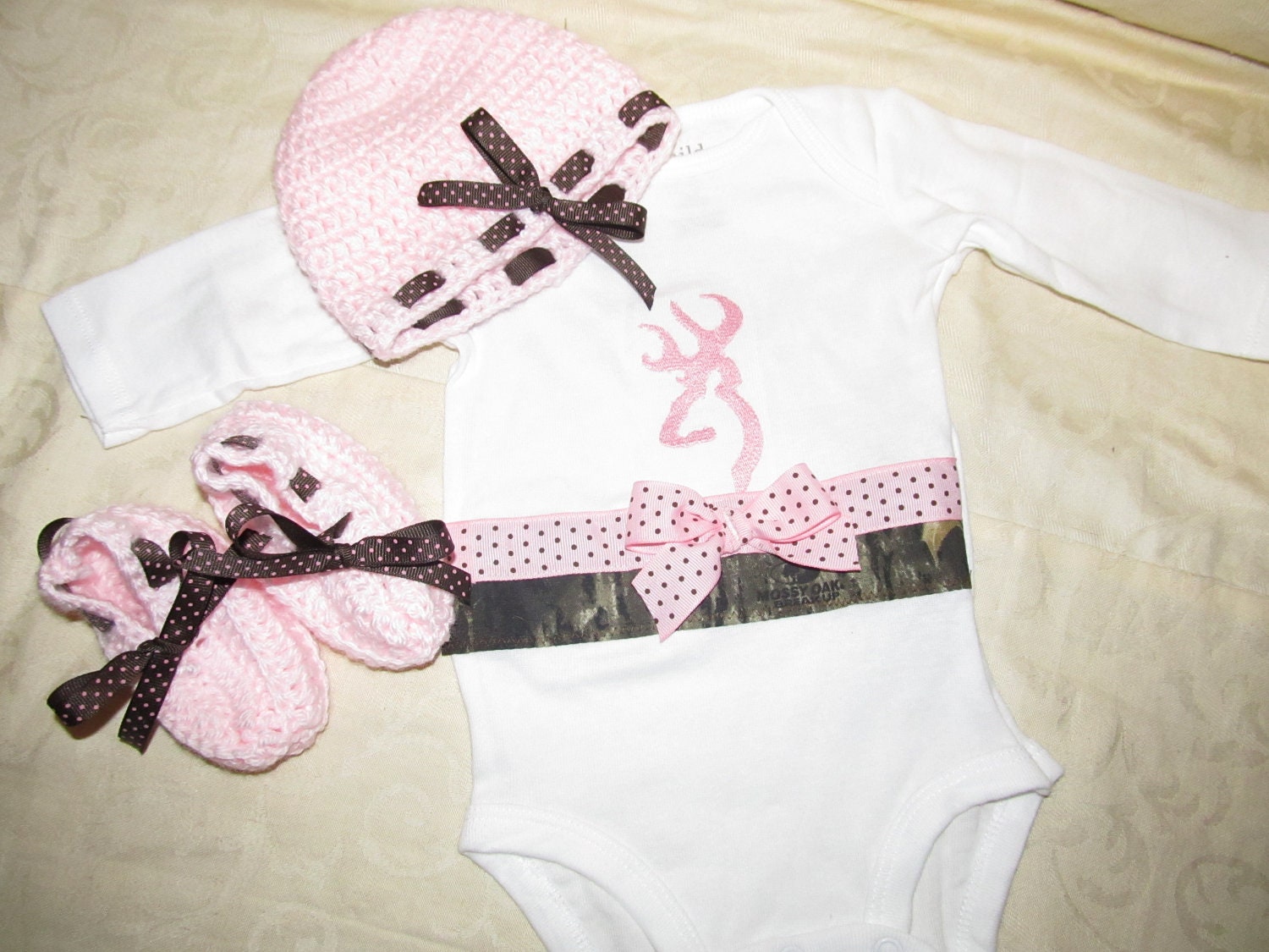 Custom Handmade browning inspired camo camouflage pink onesie with crocheted hat and matching booties