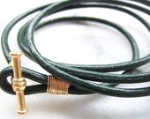 Dark Green Leather Bracelet with Gold Toggle, Leather Wrap Bracelet, Friendship Bracelet, Wire Wrap Bracelet
