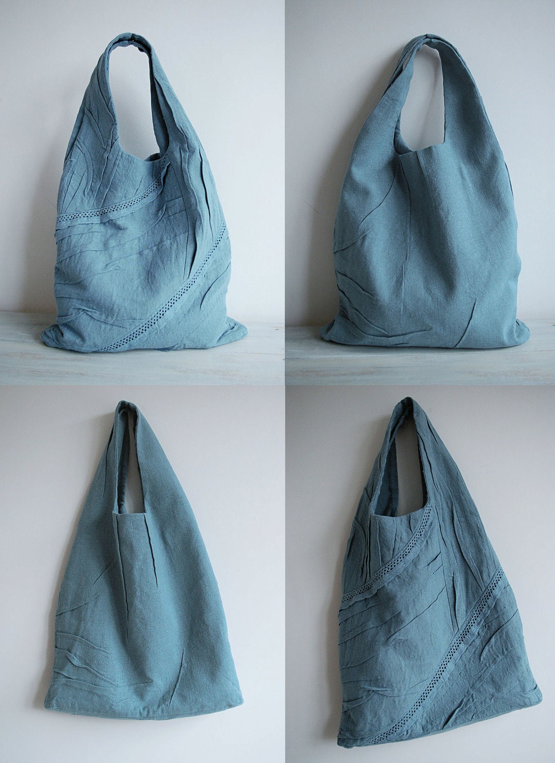 Teal Blue Linen Lace Tote Bag / Shoulder Bag / Weekender / Carry All Bag LENE STYLE One-of-a-kind