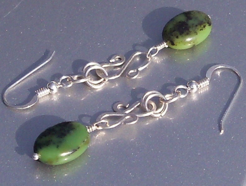 Scroll Dangle Stone Earrings Chrysoprase Hammered Argentium Sterling Silver