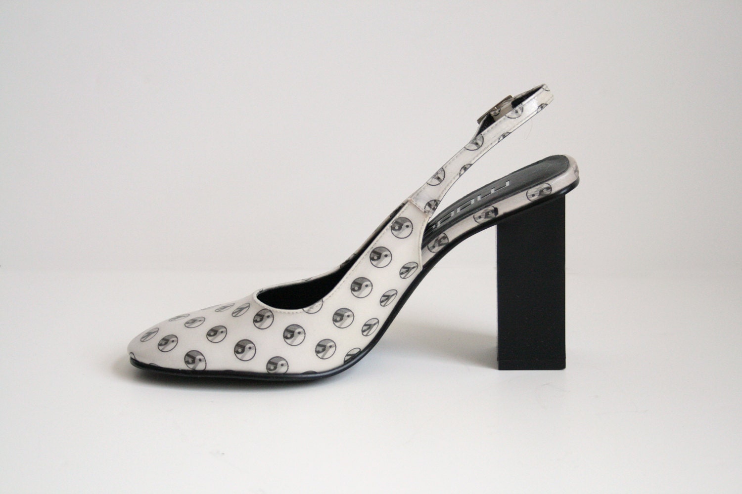 90s Hologram Shoes - Yin Yang and Peace Sign - Slingback with Square Heel