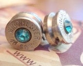 Bullet Earrings Jewelry - 40 Caliber  teal aqua gem Bullet Jewelry Stud style earrings Nickel plated silver
