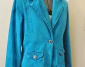 Upcycled Denim JACKET - Aqua Teal Hand Dyed Upcycled Repurposed SO Denim Blazer Jacket - Womens Size Juniors XL Extra Large (40" chest)