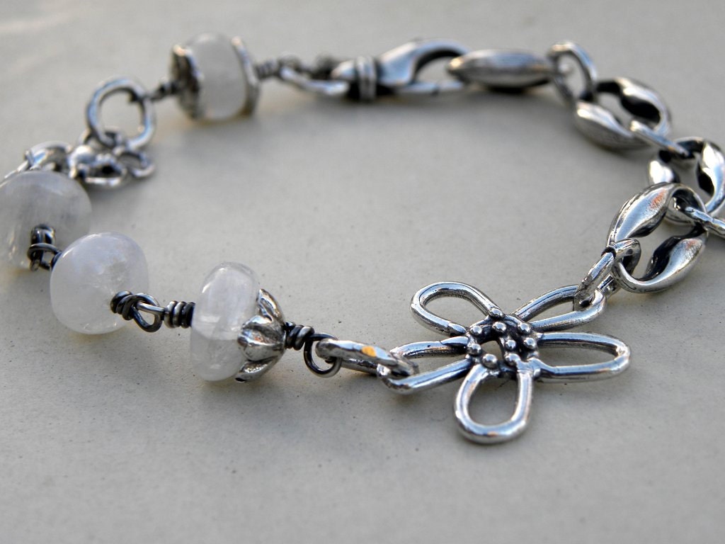 Rainbow Moonstone and Heavy Sterling Silver Chain Bracelet Artisan Sterling Silver Wire Wrapped White Winter Snow weding