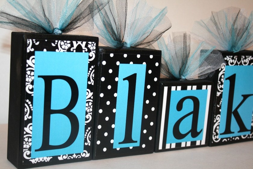 Blakely Collection -Damask, Polka dots and Stripes Personalized Blocks - Black, White and Turquoise