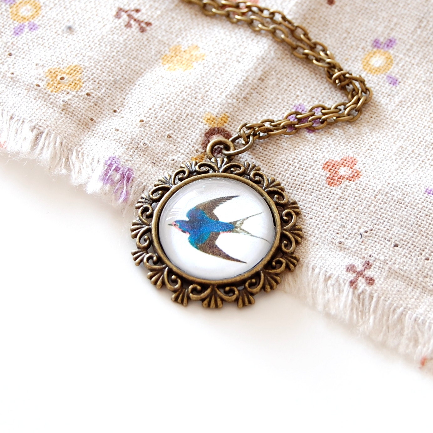 Swallow Necklace. Blue Bird Necklace. Vintage & Tattoo Inspired. Bronze Cameo, Glass Dome.