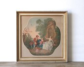 Mid Century Framed Print 17the Century Courtship Tethered Bird  Romantic Fragonard Style