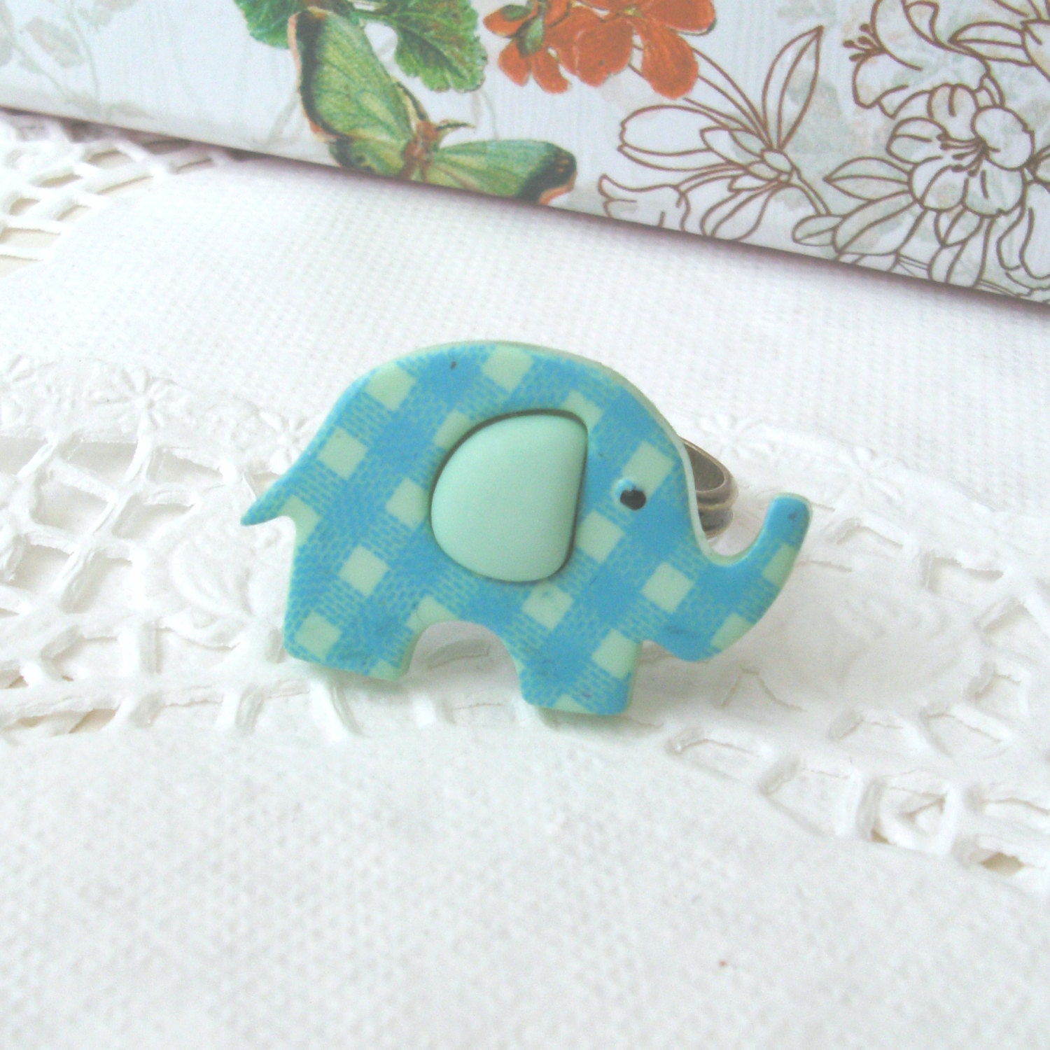 Baby Elephant Ring, Blue Elephant, Adjustable Ring, Animal Ring