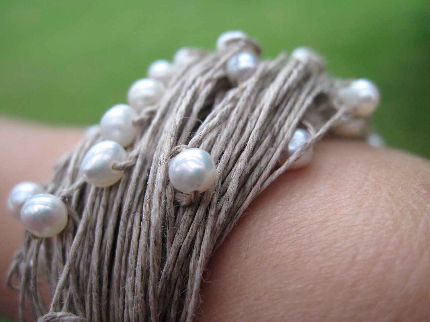 Pearl Bracelet Linen Wedding Jewelry Bracelet White Summer Bride Eco Friendly Fashion Cottage Chic