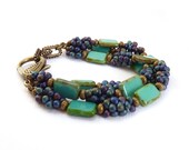 Turquoise Beaded Bracelet, Multistrand, Picasso Beads, Indigo Blue Seed Beads, Aqua, Boho Bracelet, Chunky Bronze Clasp, Handmade