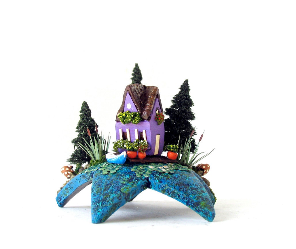 Summer Bloom Fairy House - Lilac Fairy Boathouse Upon a Star with Cat Tails and Lily Pads