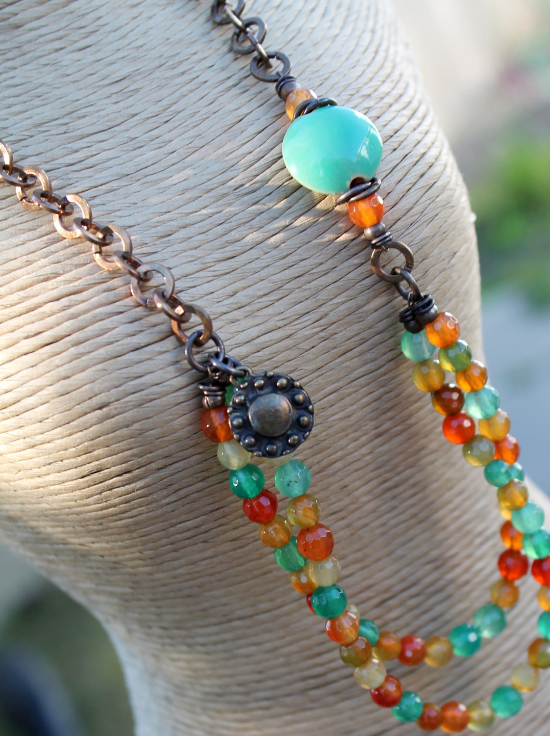 The Vacationer. Colorful agate, rustic copper and art bead necklace.