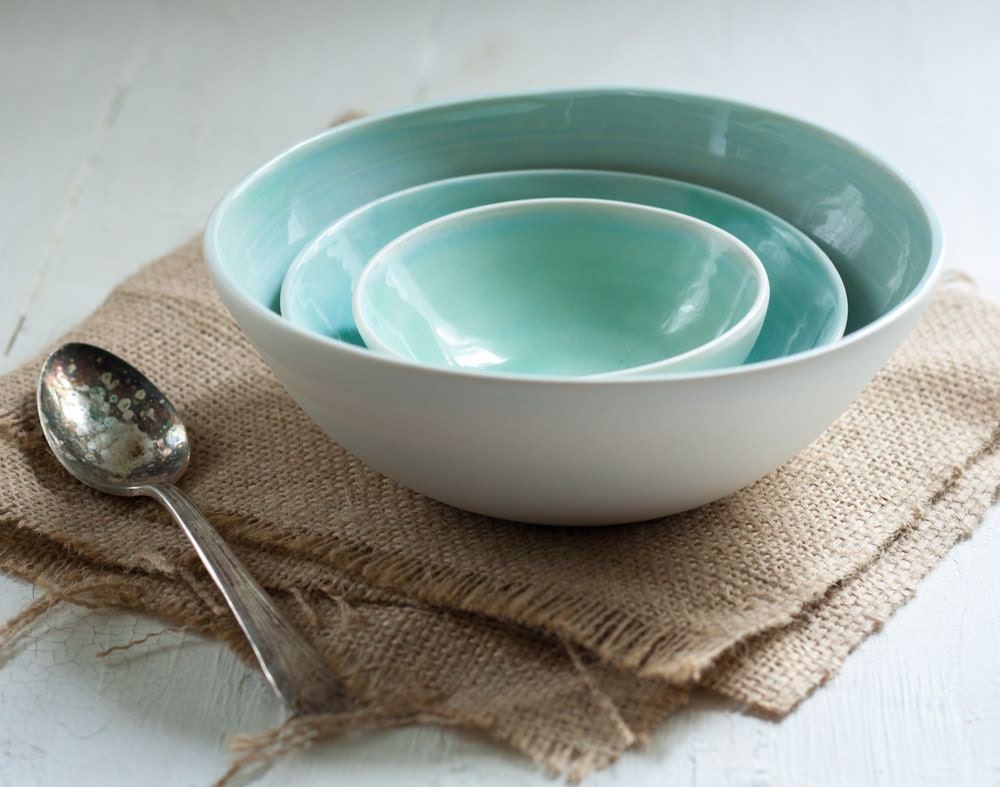 Serving Bowls Kitchen Food Prep Porcelain Bowls Aqua and White Pottery