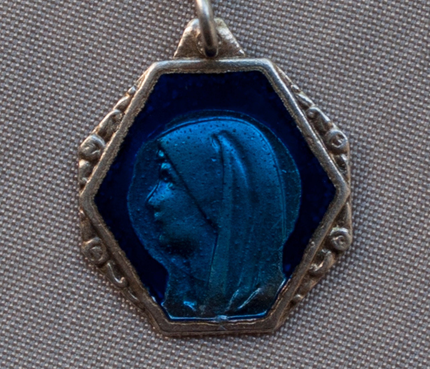 Antique Holy Virgin Mary Bright Blue Enameled Religious Medal