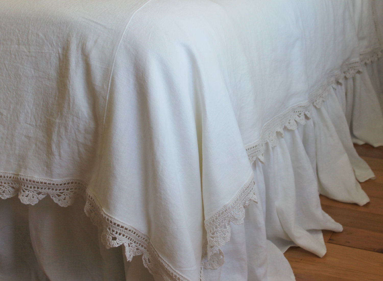 Shabby Chic Bedding Heirloom Collection Linen Duvet Cover with Hand Crocheted Edges Off White Linen