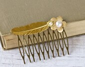 Gold Hair Comb - Flower Hair Comb, Bridal Hair Comb Bridesmaids Gift, Pearl Feather Hair Accessories, Romantic Elegant Vintage Style