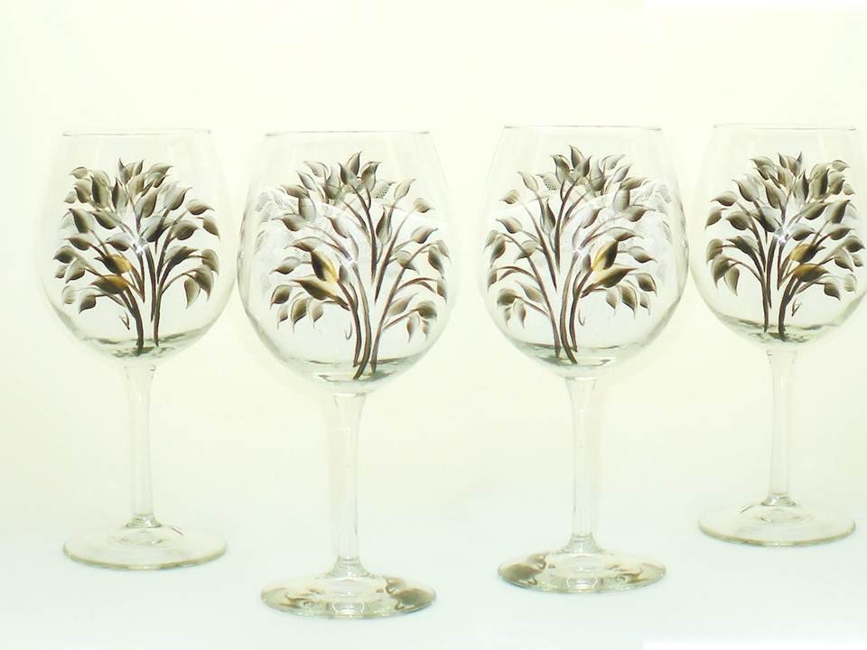 Bridesmaid Wine Glasses - Abstract Silver and Ebony Black Leaves, Set of 4 - Hand Painted Wedding Wine Glass