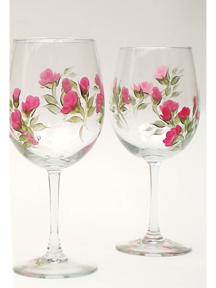 Bridesmaid Wine Glasses - Elegant Hand Painted Pink Roses, Green Leaves, Set of 5, 12 oz - Matron Maid of Honor