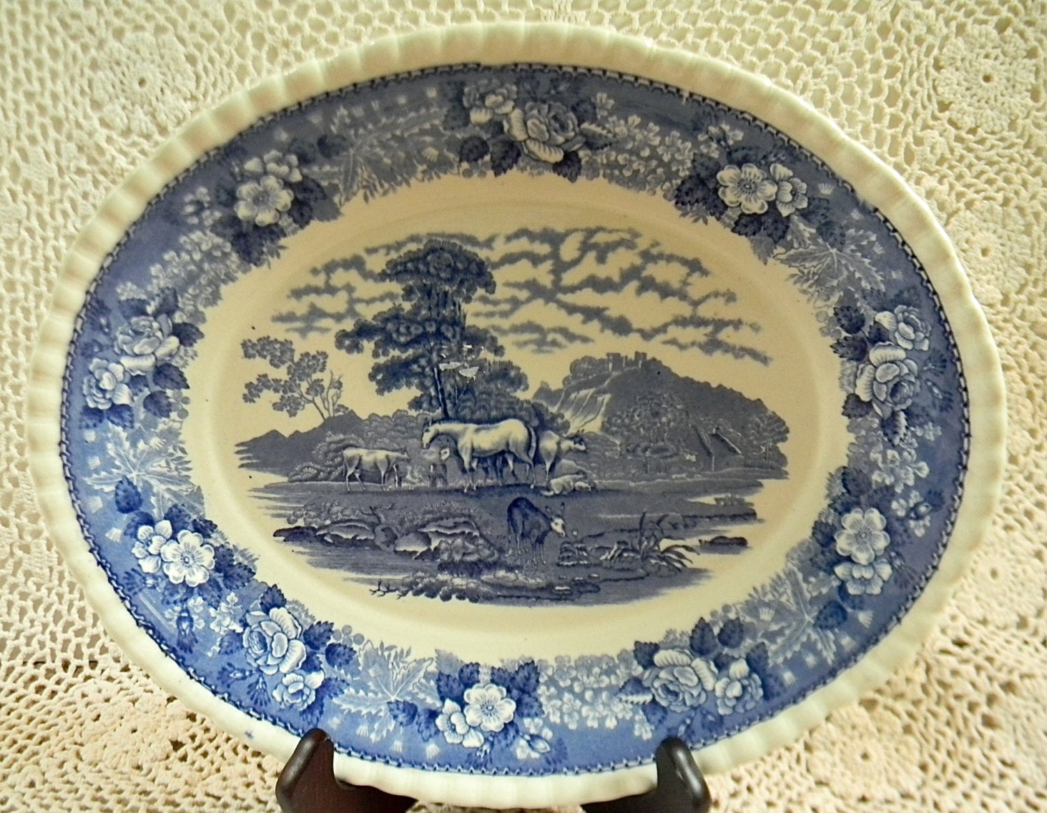 Blue Transferware Platter Grazing Cattle Cows Sheep Horses with Rose Border English Scenic