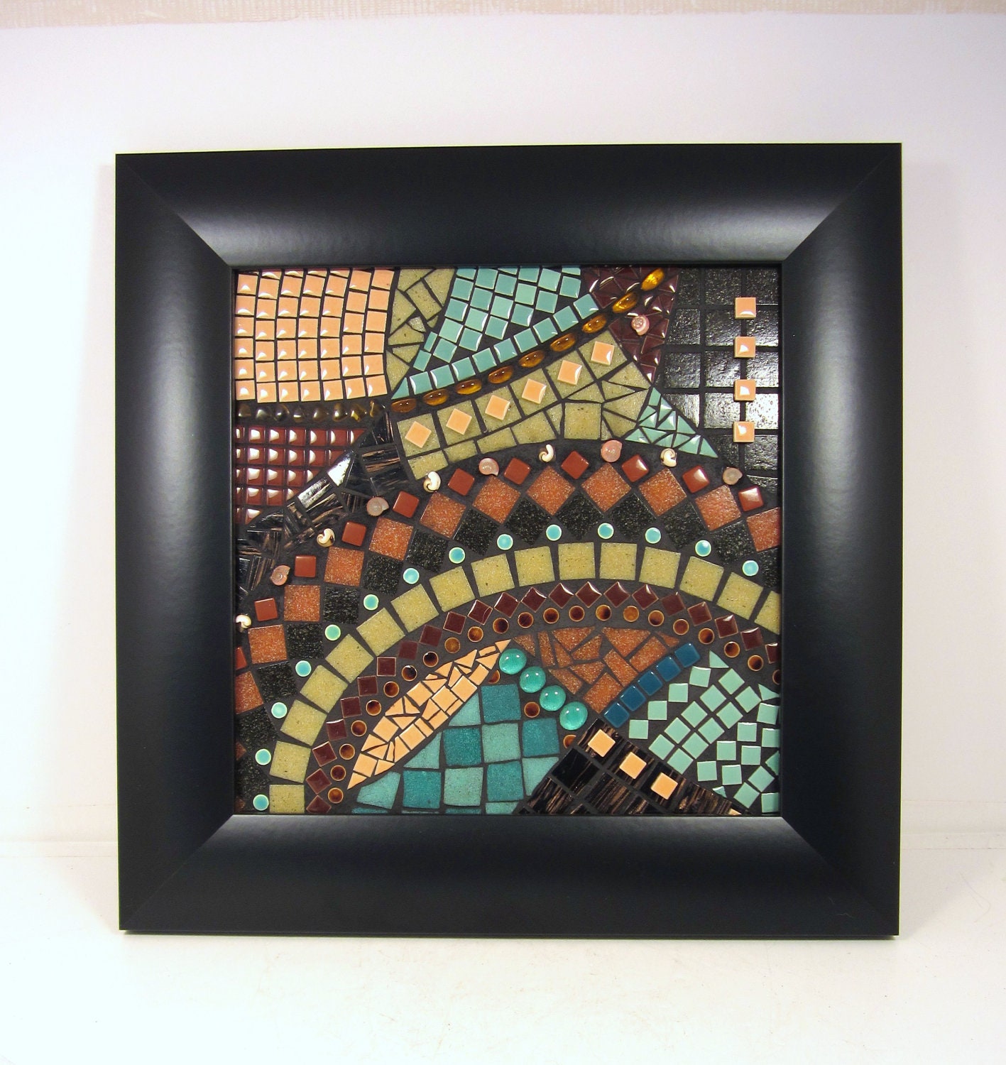 Mosaic art -- CURRENTS -- mostly neutrals with teal accents, professionally framed