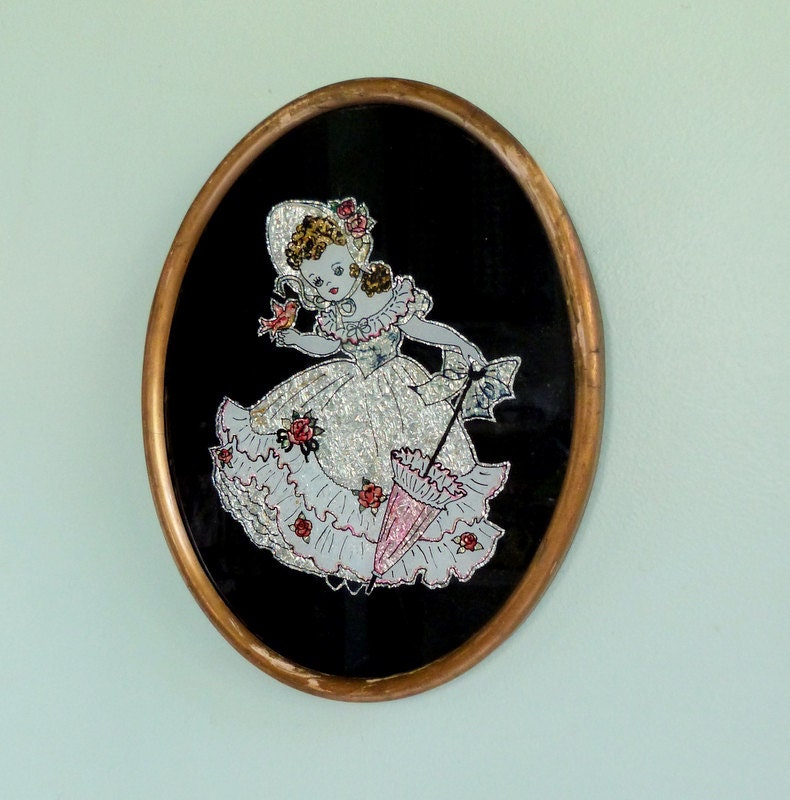 Vintage Oval Glass Reverse Decorated Picture Southern Belle Young Girl 1950s