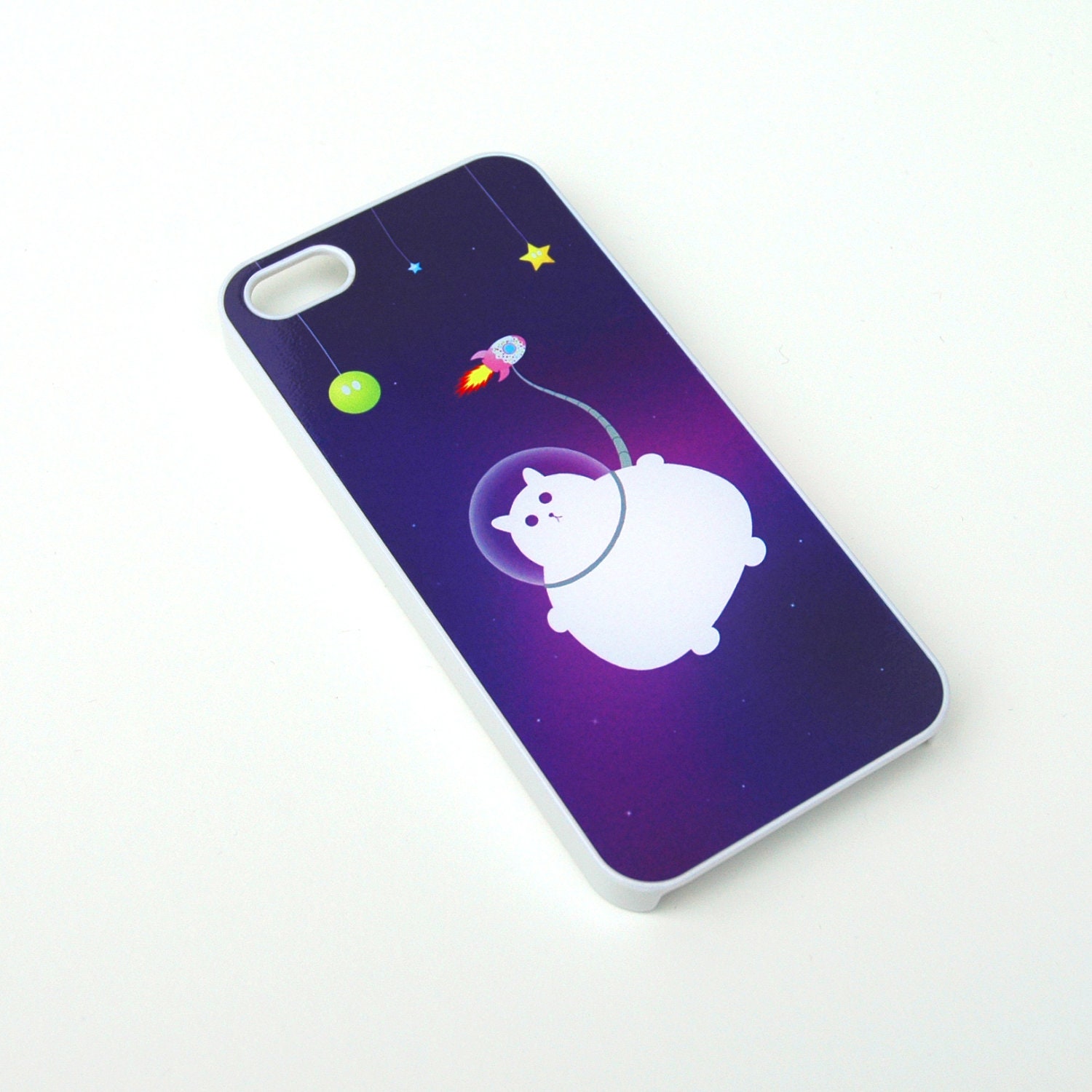 iPhone 5 case Fat Kitty in Space on a Purple Background