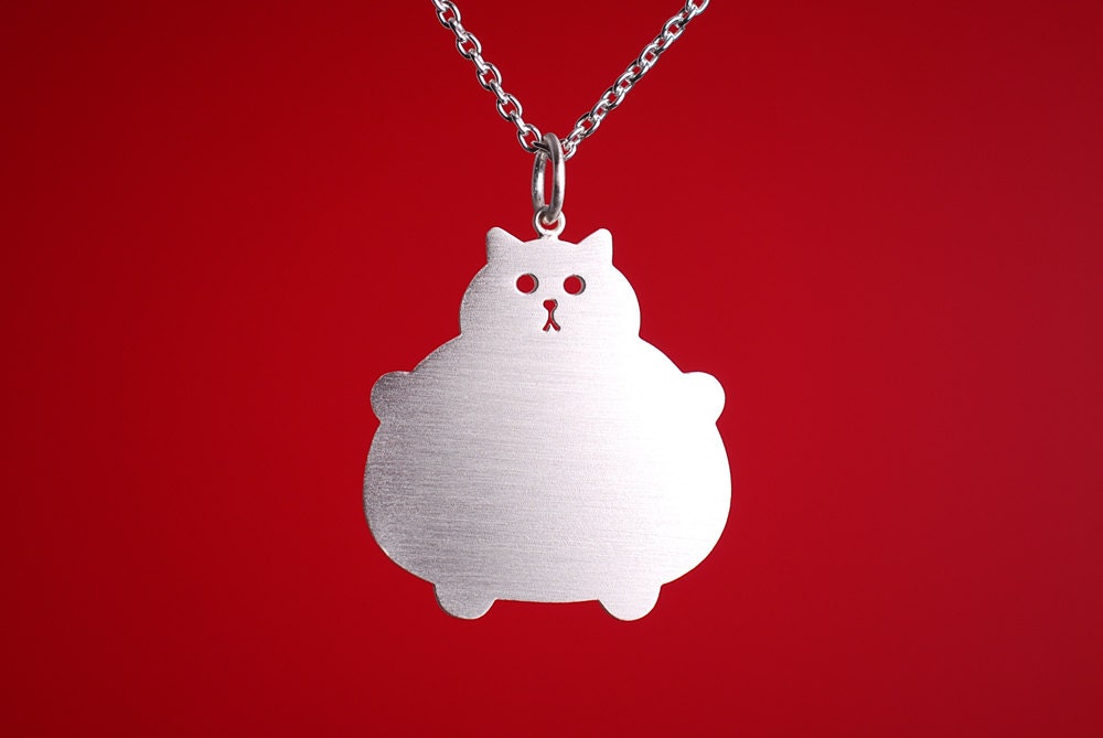 Silver Cat Necklace, Kawaii Jewellery, Fat Kitty Accessory