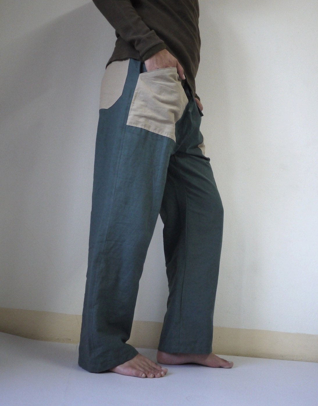 Unisex Casual Pants - Dull Green Linen Mix Cotton Pants With Natural Beige Patched Pockets