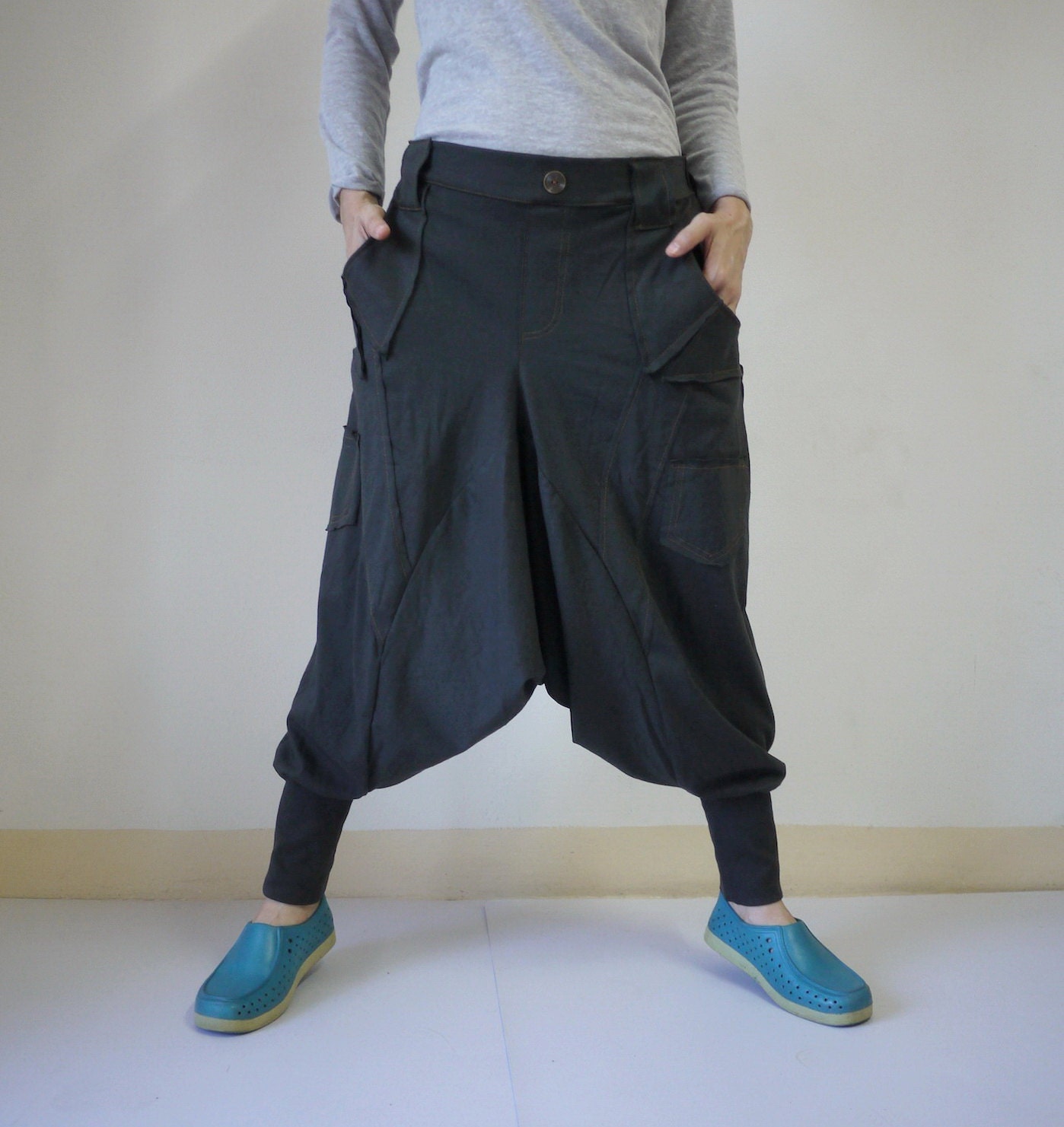 Men Women Funky Ninja Harem Dark Blueish Charcoal Stretch Cotton Drop Crotch Pants With 6 Pockets