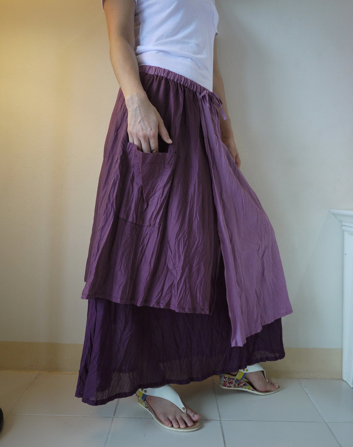 3 Tone ... A-Line Purple Light Cotton Lawn Skirt With Side Drawstring And Patched Pocket