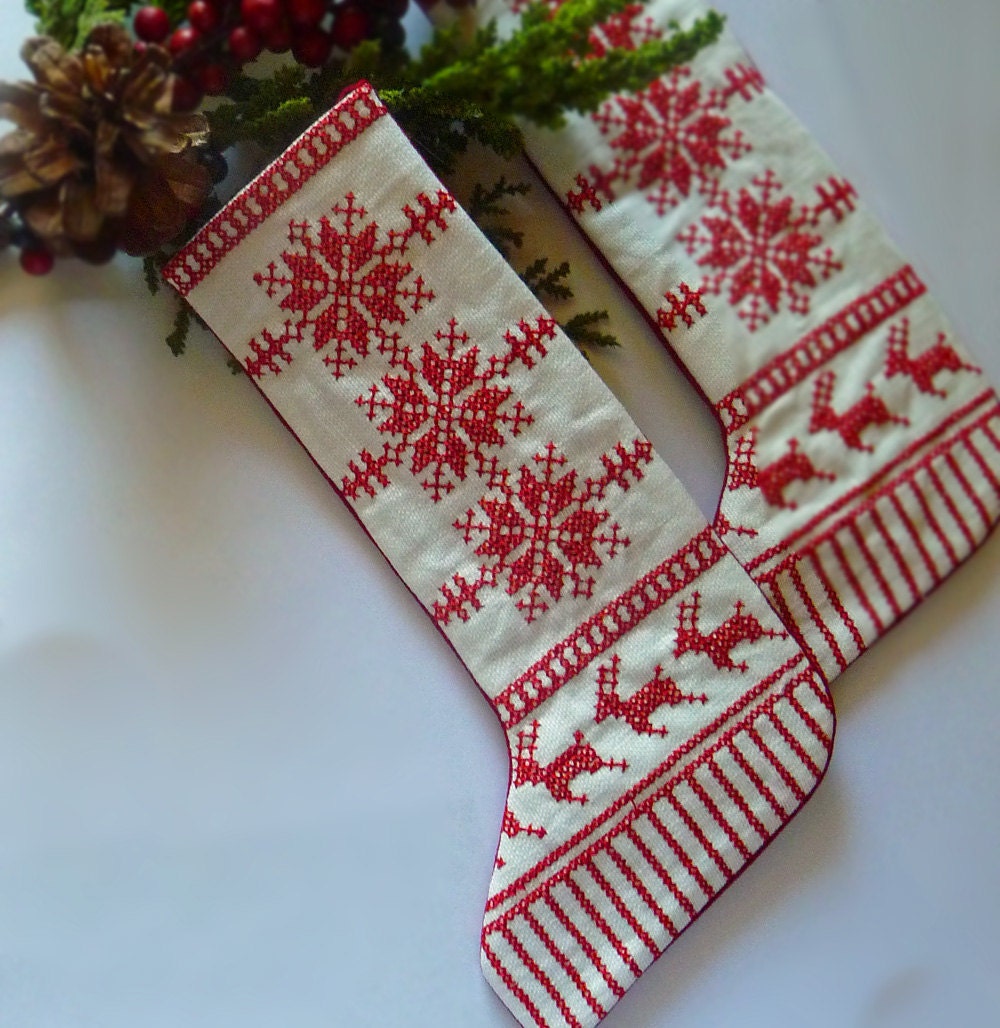 Nordic Redwork Christmas Stocking Deer Snowflake Design
