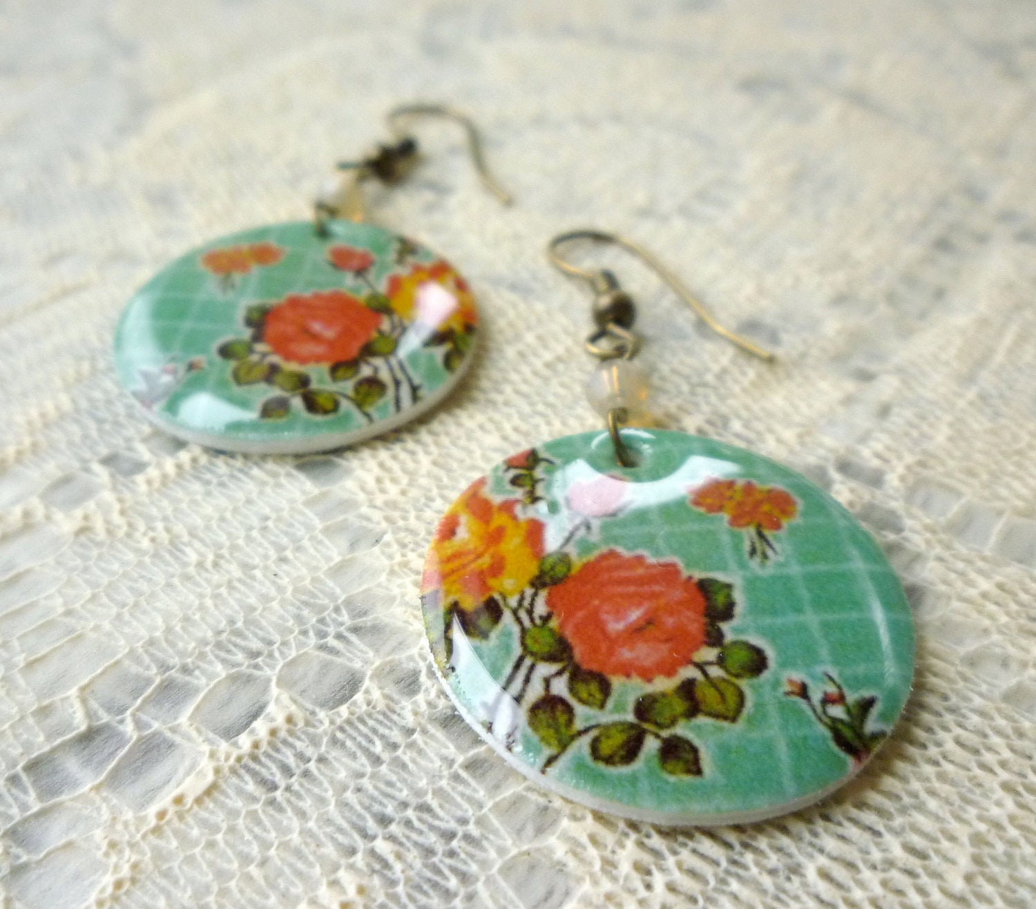 Turquoise Rose - Mexican Oilcloth Inspired Earrings