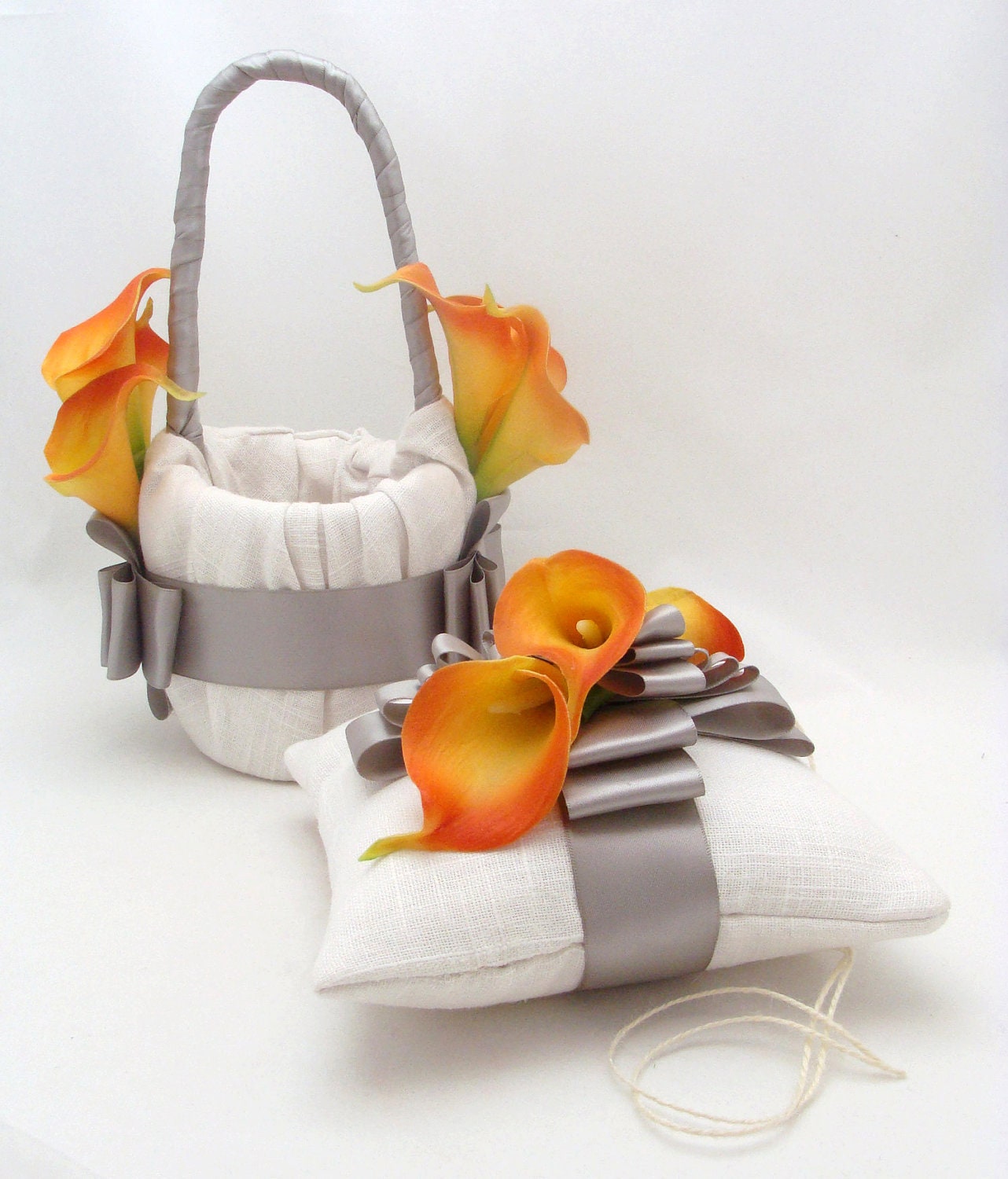 Real Touch Calla Lily Flower Girl Basket and Ring Pillow Set in Silver Orange & White - Choose Your Color Real Touch Calla Lily Flower