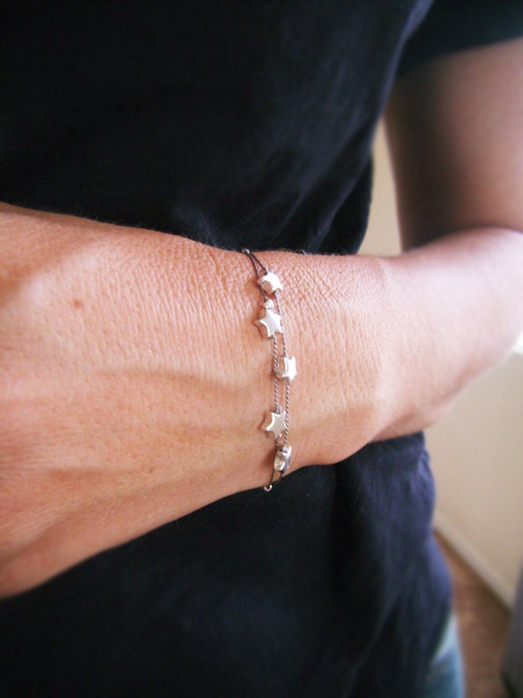 Star Bracelet - Make a Wish - Silver Star Bracelet - Simple Modern - Gray Silk Cord - Wedding Jewelry - Five Star Bracelet