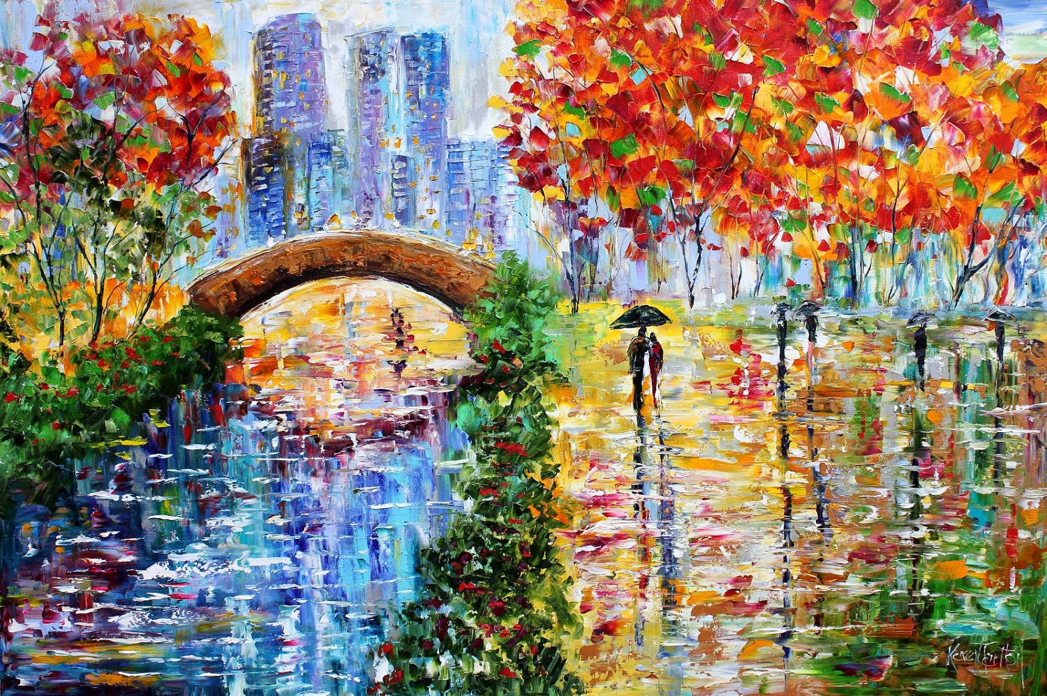 Original Oil New York Central Park Rain palette knife painting ABSTRACT modern texture fine art impressionism by Karen Tarlton