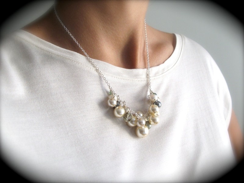 Ivory and Silver Pearl Necklace with Green and Ribbon Accent with matching earrings