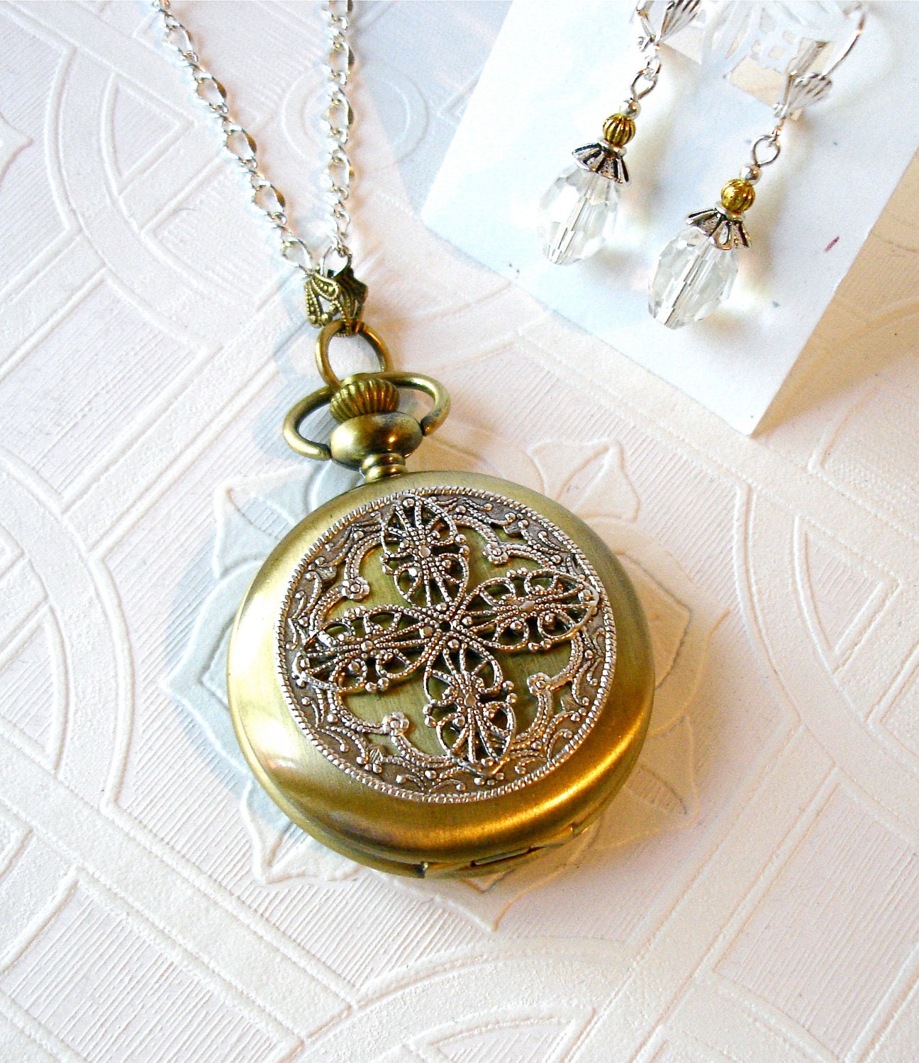Art Nouveau Satin Brass with Silver Filigree Mandala Pocket Watch Locket  Pendant Necklace & Crystal Earring Set - Wedding gift