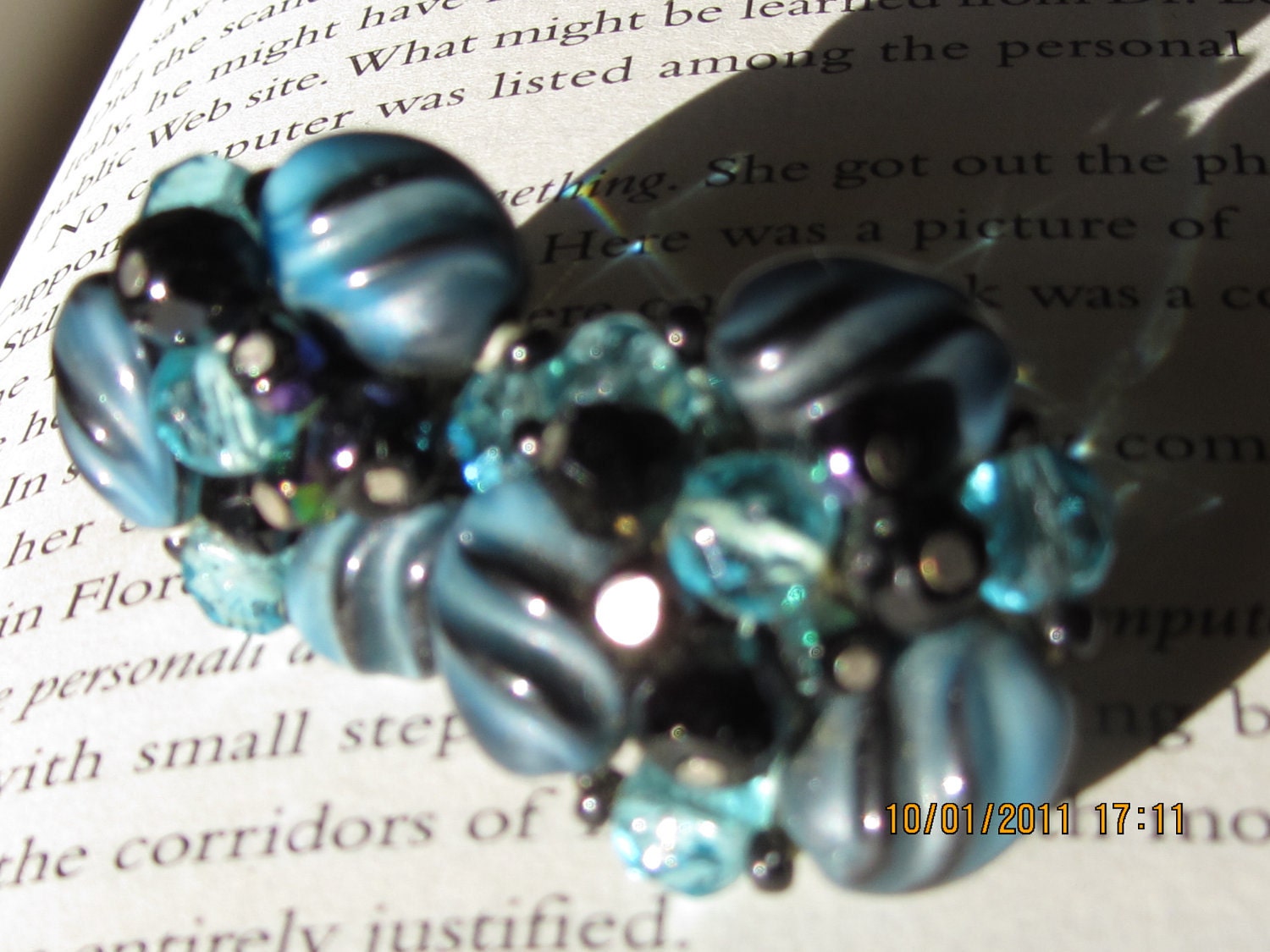 late 1940's czech blue and black glass clip on earrings