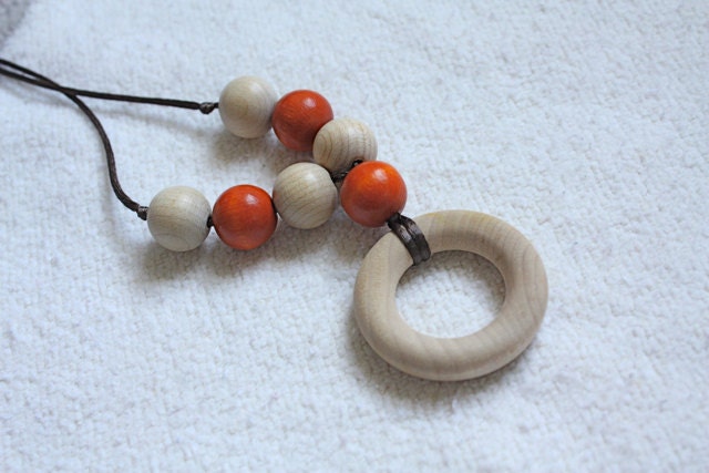 Natural Maple Wooden Nursing Necklace - Multi Bead - Orange and Natural