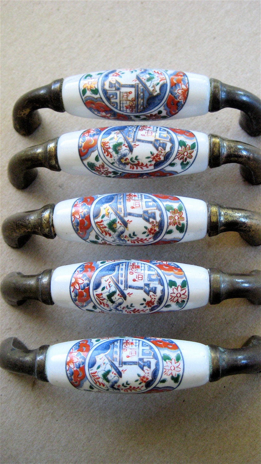 Vintage Drawer Handles Asian Porcelain and Brass Hand Painted Hardware