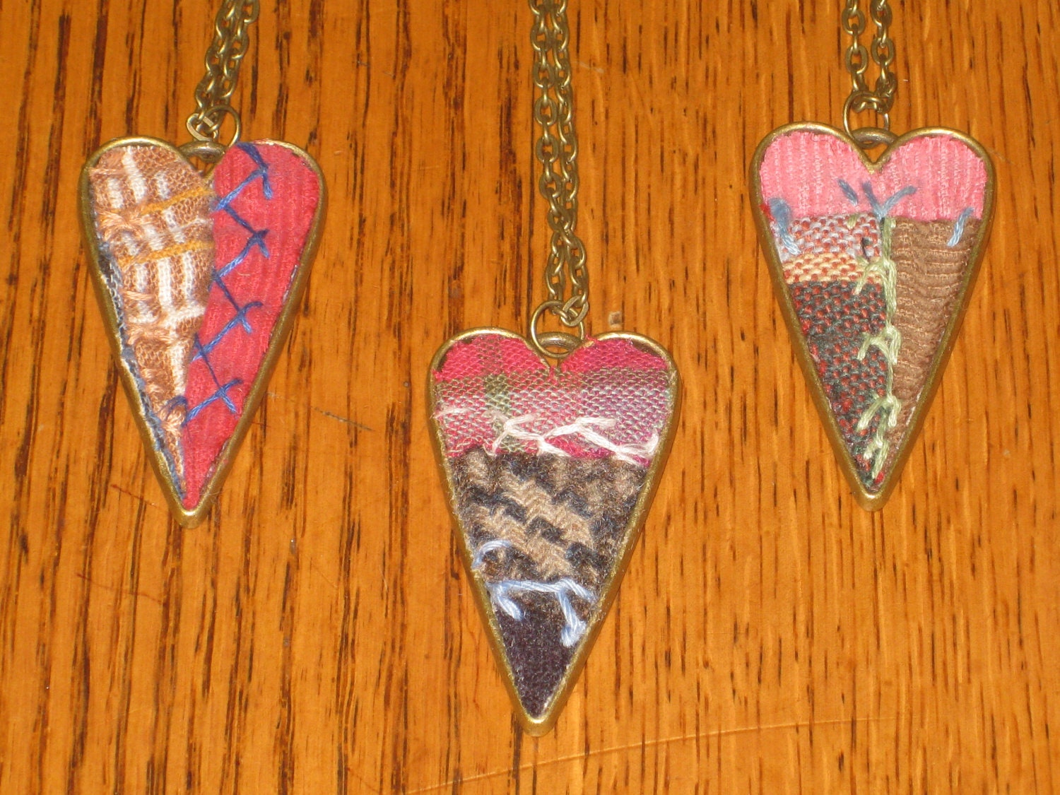 Necklace Feather Stitched Quilt Antique Brass Pendant and Chain Gift