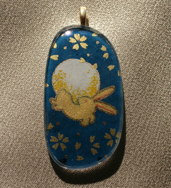 Eyeglass Lens Pendant--Bunny and Moon on Blue Background with Gold Metallic Hearts/Buds