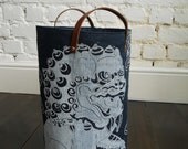 Medium Indigo linen fabric organiser with leather handles block printed Foo Dog