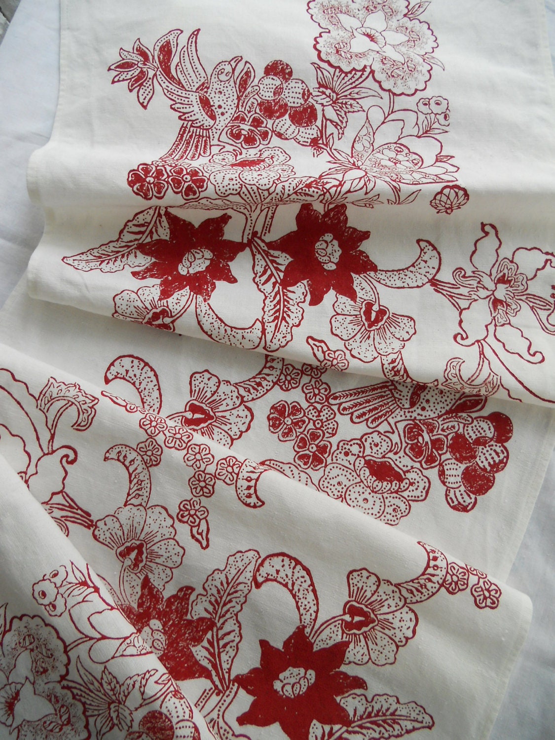Long Linen Table Runner Songbird blossom Hand block printed