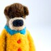 Dark brown bear with an orange jacket, brooch